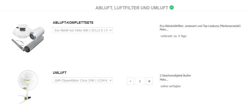 Abluft, Luftfilter & Umluft Auswahl Growbox Set Konfigurator